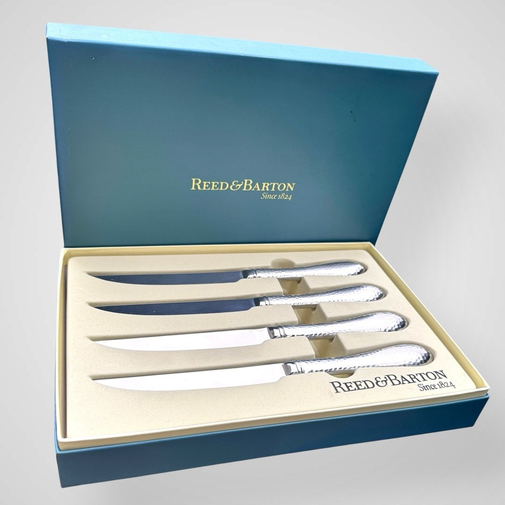 Reed & Barton Hammered Antique 4 Piece Steak Knife Set in Box Stainless Steel